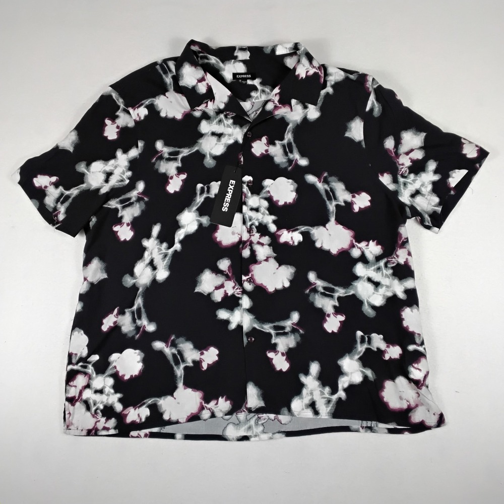 Express Mens 2XL Black Floral Abstract Short Sleeve Button Up Camp Shirt NEW